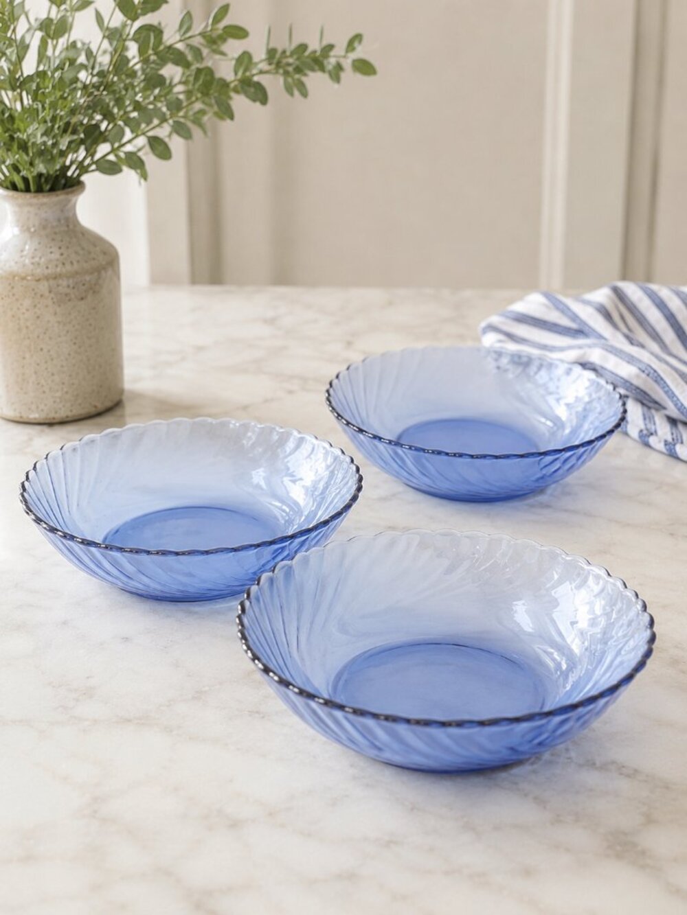 Vintage Arcoroc France Cobalt Blue Swirl Glass Bowls Set of 3 - 7"
